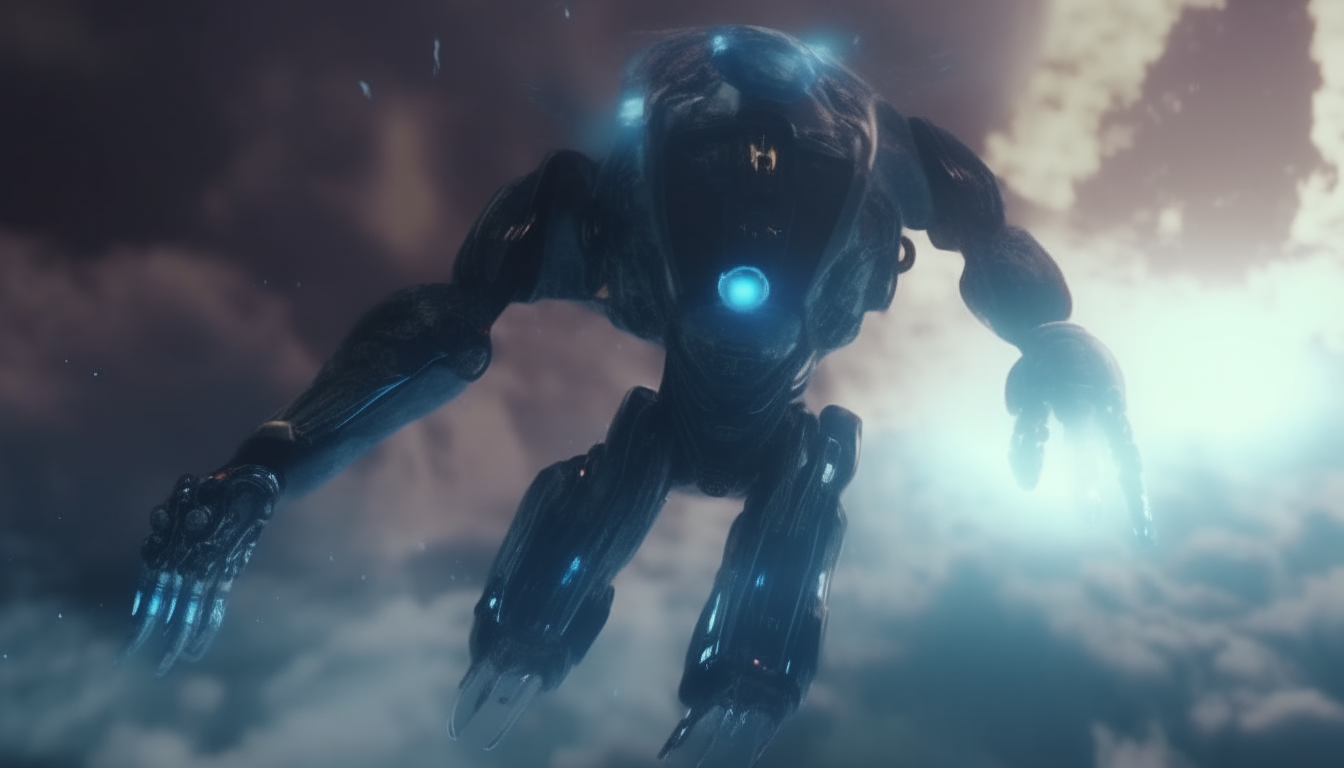 robot cyborgs flying through galactic clouds and cosmic forces into a new world, with mind bending visual effects, 16:9 aspect ratio, extremely high level of detail, 4K quality, dark sci-fi fantasy style