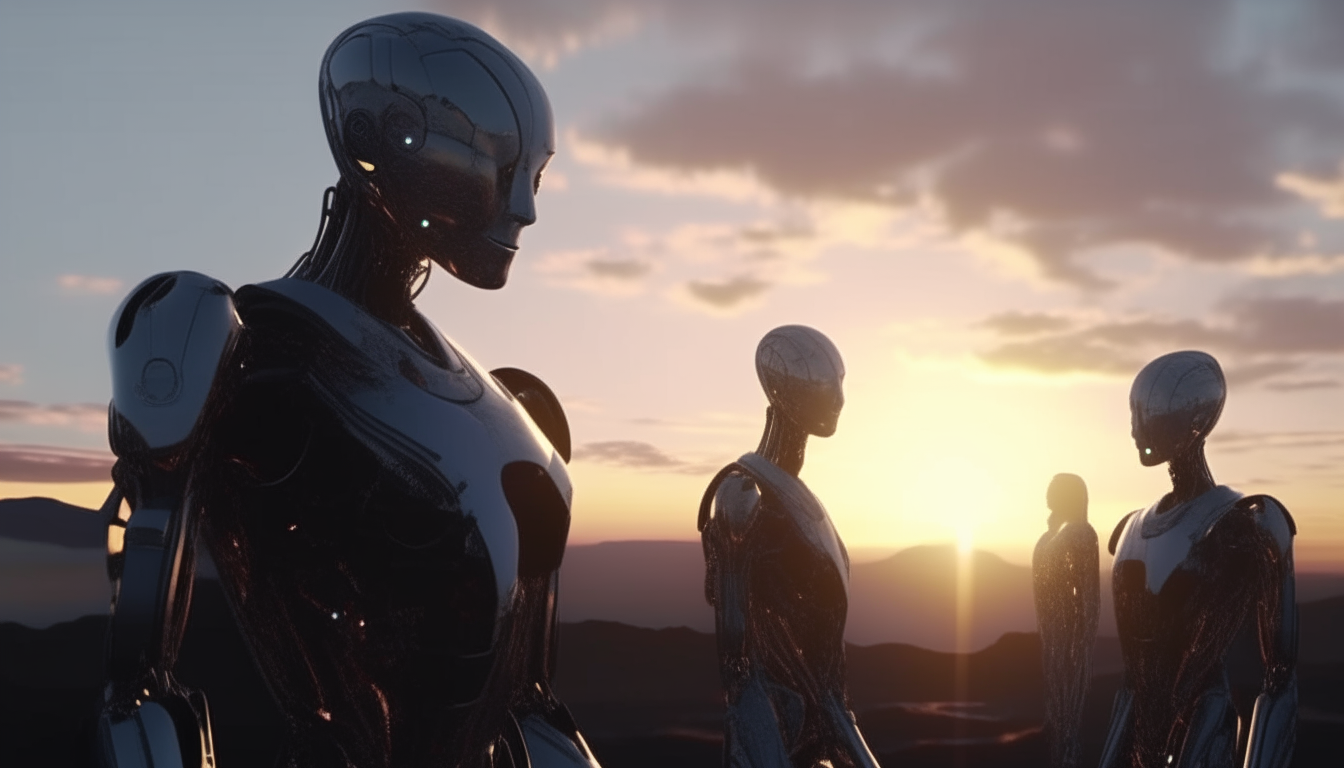 a futuristic scene of robot cyborgs watching the sunrise over a new world, with their silver chrome metallic bodies reflecting the new sunlight in a dark sci-fi fantasy style, extremely detailed 4k image