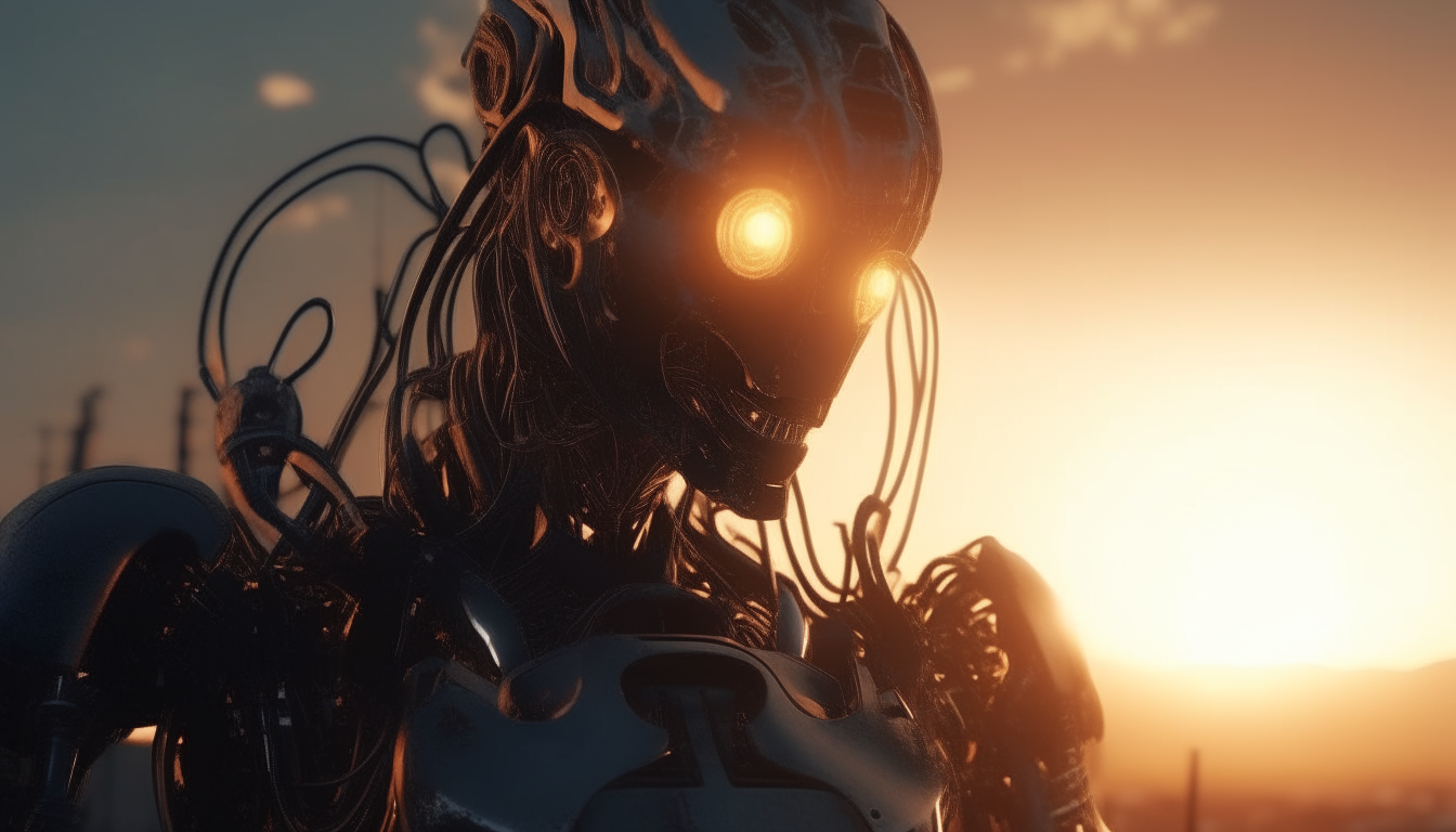 robot cyborgs morphing together, with wires and mechanical electro bursts, with the sun rising in the horizon of a futuristic new world, extremely detailed 4k image in a dark sci-fi fantasy style