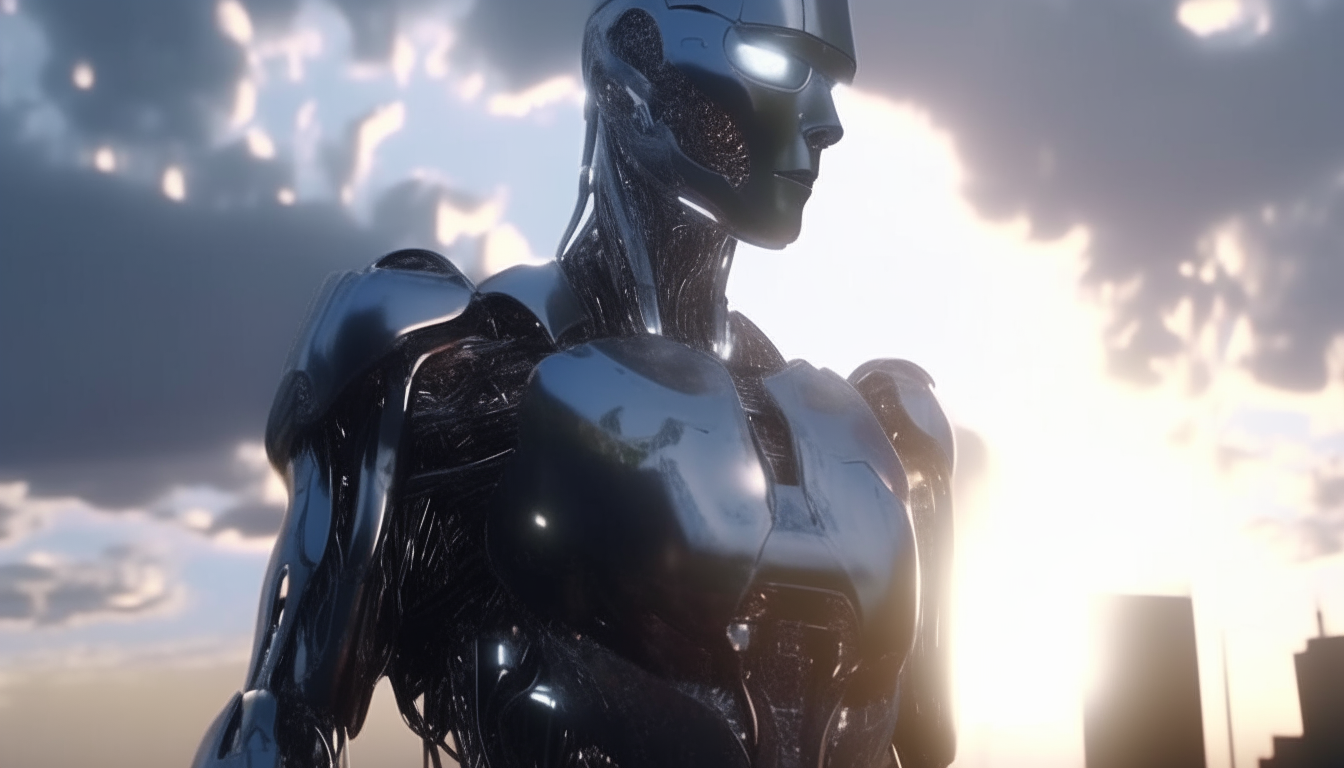 a robot cyborg standing inside a futuristic high tech silver chrome city with sunbeams and shards of light reflecting off its body, with fast moving cosmic clouds in the sky above, extremely detailed 4k image in a dark sci-fi fantasy style