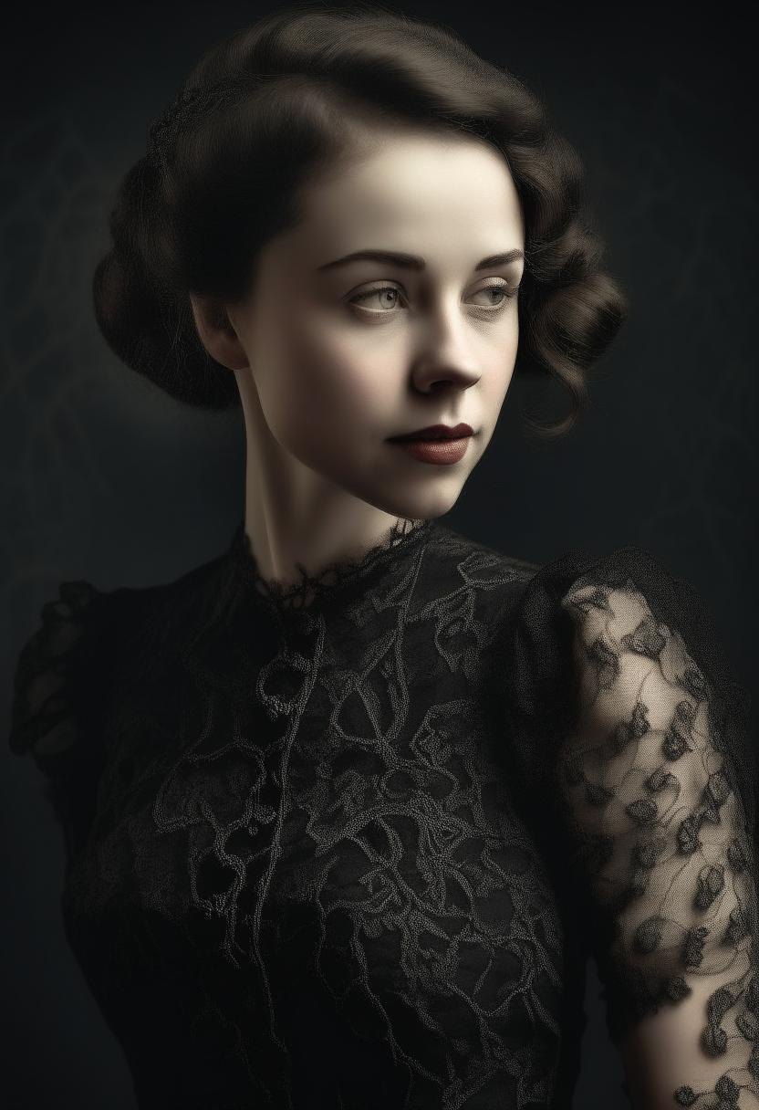 woman wearing an elegant black lace dress, vintage 1940s style, intricate details, delicate fabric, photorealistic portrait