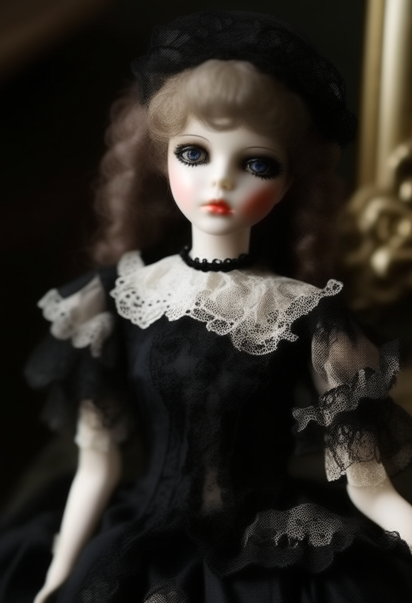 vintage porcelain doll wearing an elegant black lace dress, intricate fabric details, delicate lace, photorealistic