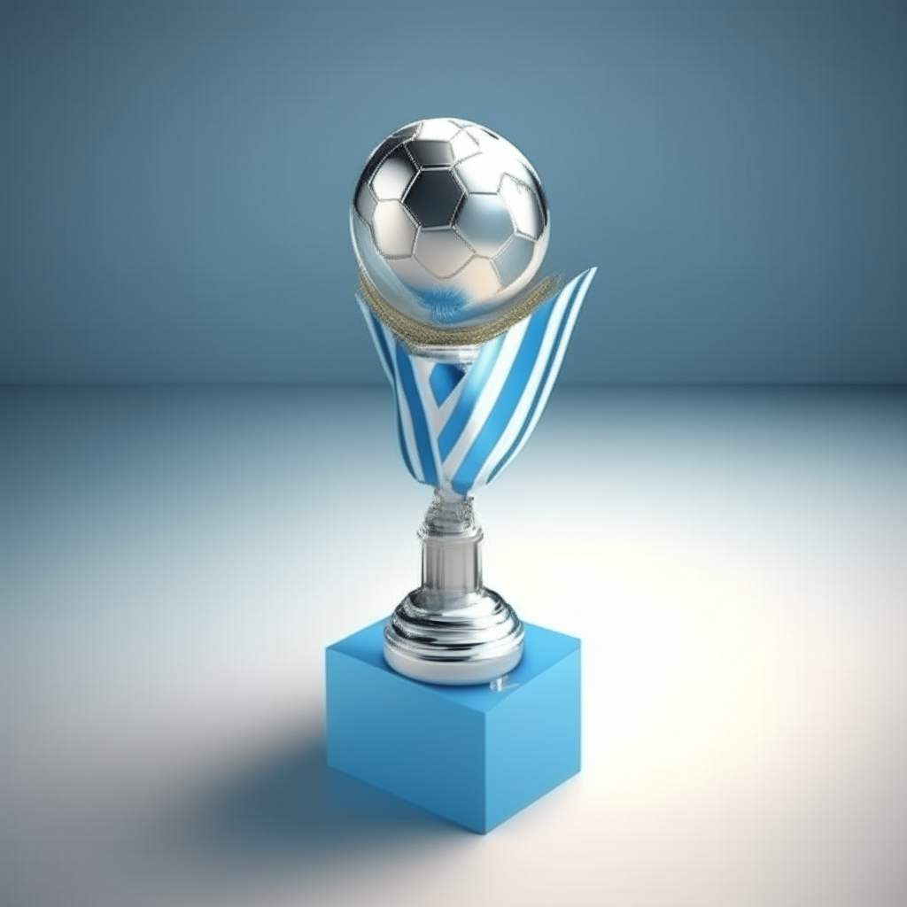 The FIFA World Cup trophy wrapped in the blue and white striped Argentine flag, photorealistic 3D rendering