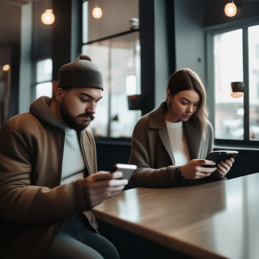 A realistic picture of a man and woman in a coffee shop looking at their phones