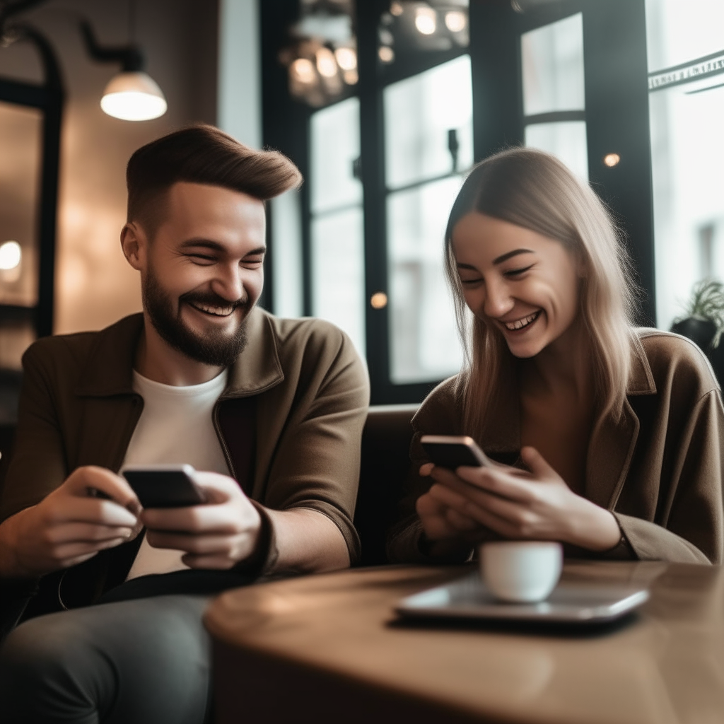 A realistic picture of a happy man and woman in a coffee shop looking at their phones