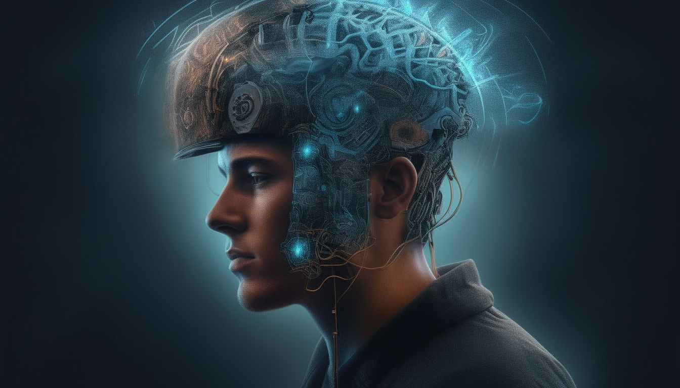 A man wearing a mind altering creation machine on his head with a holographic new world creator swirling inside his mind, highly detailed dark sci fi fantasy portrait