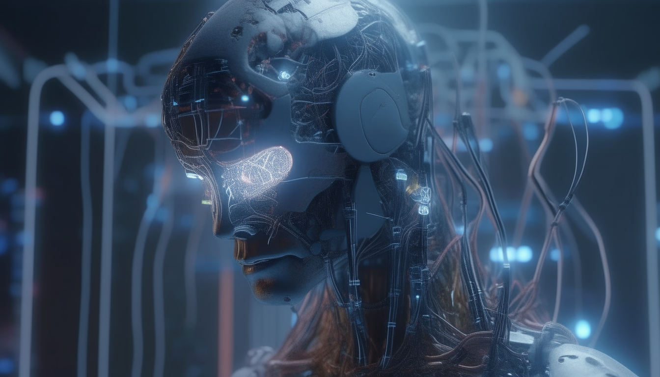 A robot cyborg with flashing LED lights and wires fused to a machine that is creating a holographic world inside his head, intricate details visible, photorealistic 4K rendering