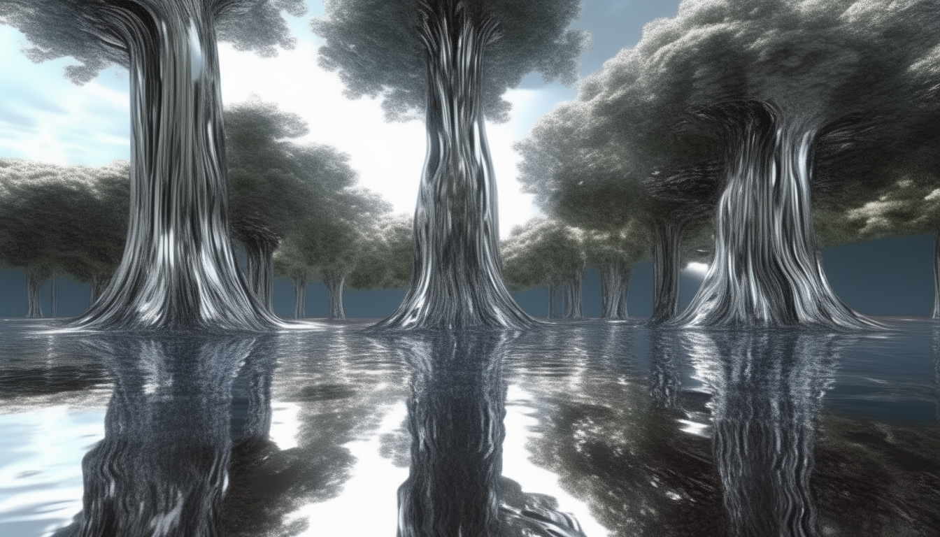 Silver chrome tree trunks emerging from a reflective pool of liquid light, with galactic cosmic sky clouds flowing past, extremely intricate details visible, photorealistic 4K rendering