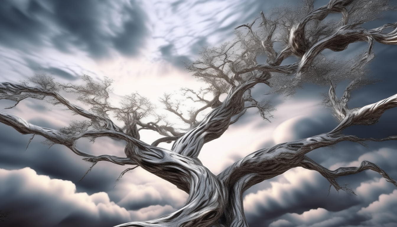 Silver chrome tree branches twisting like fingers into a galactic sky with clouds, extremely intricate details visible