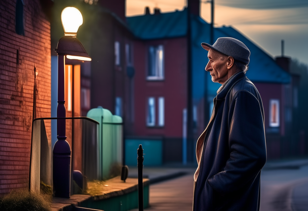 A man leaning on a lamppost, smoking a cigarette in the evening. In the background is a row of colorful, precarious houses on a cobblestone street in a low-income neighborhood. Despite their circumstances, the residents have a love for life.