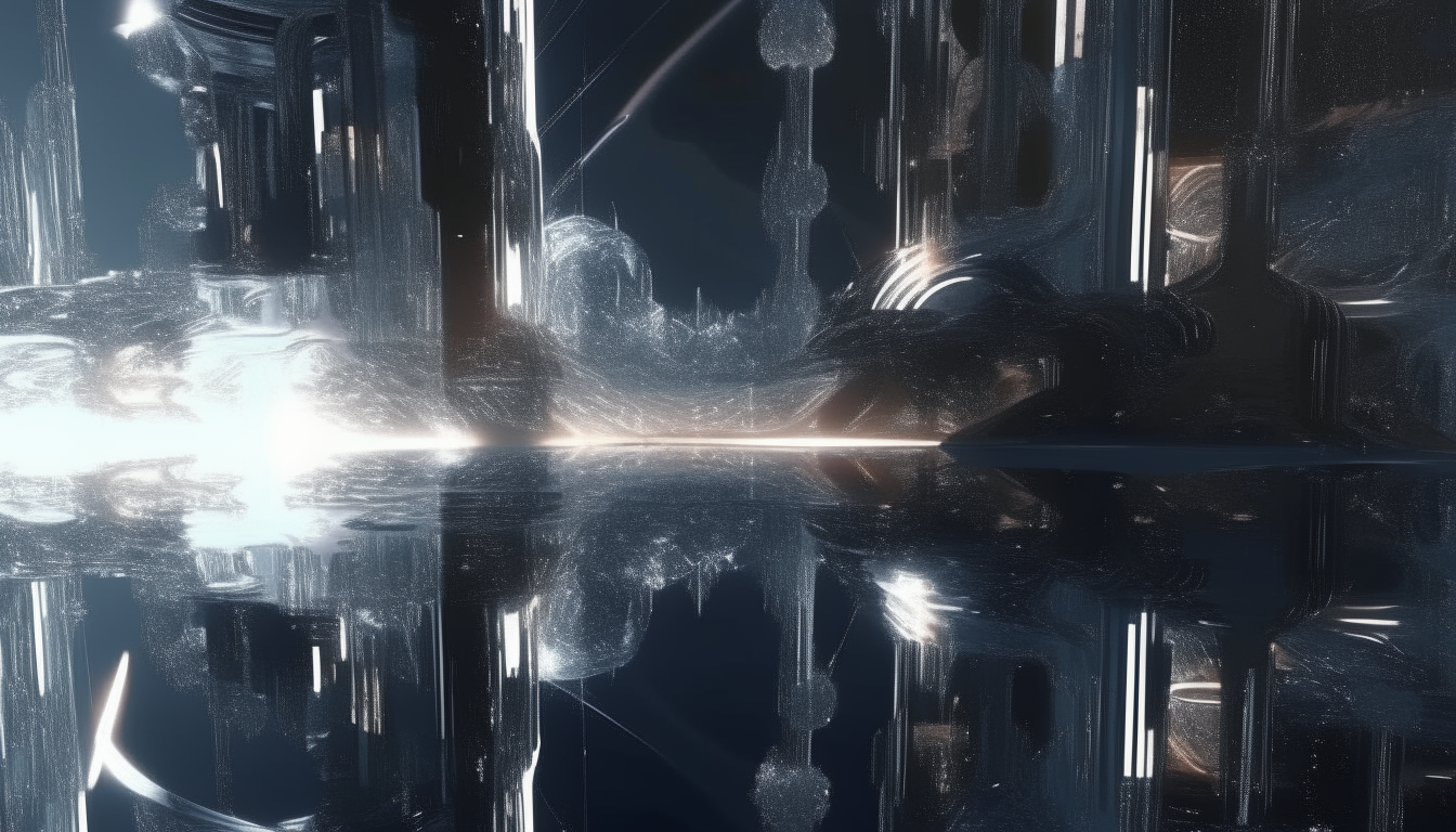 hi tech silver chrome futuristic city with reflective streams of flowing liquids drifting into the galactic cosmos above, highest level of intricate details, 4K quality, dark sci-fi fantasy style