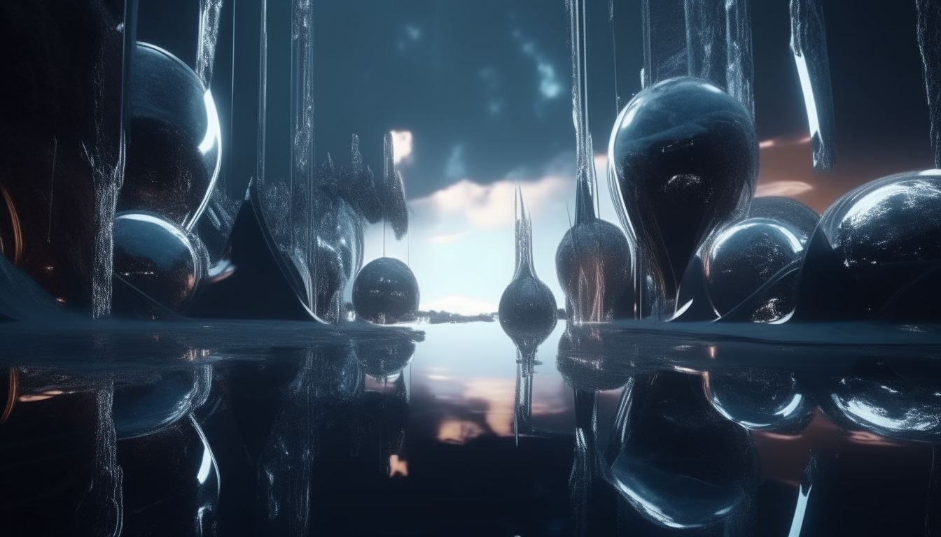 beautiful futuristic landscape stretching into the distance with the outer limits of the galactic cosmos , with giant silver chrome pulsating living pods emerging from the reflective liquid pools, highest level of intricate details, 4K quality, dark sci-fi fantasy style