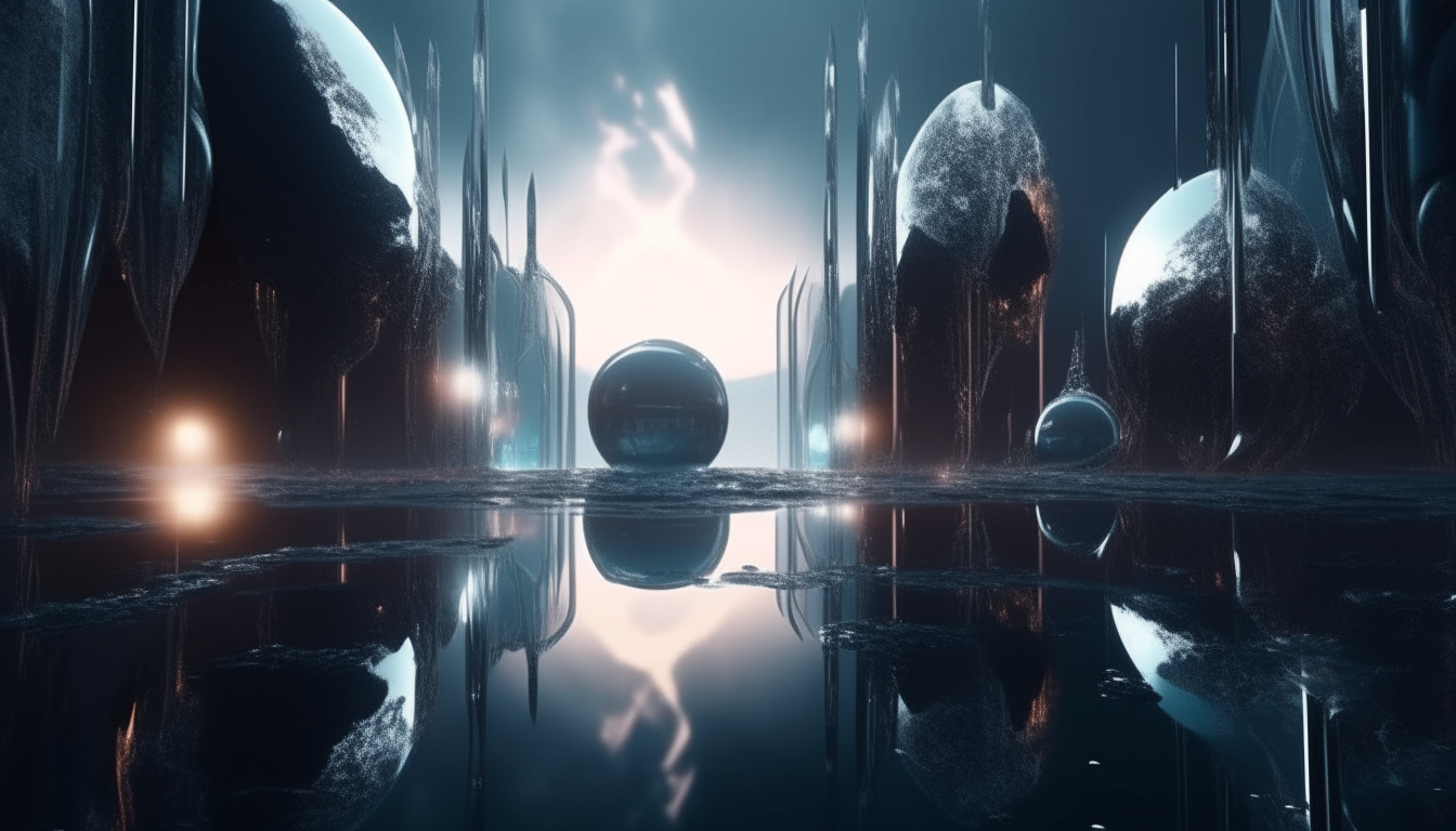 beautiful futuristic landscape stretching into the distance with the outer limits of the galactic cosmos , with giant silver chrome pulsating living pods emerging from the reflective liquid pools, highest level of intricate details, 4K quality, dark sci-fi fantasy style