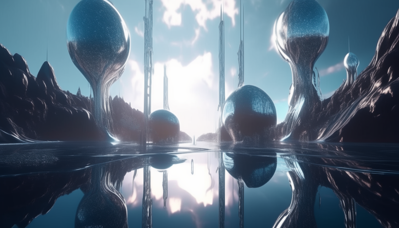 beautiful futuristic landscape stretching into the distance with the outer limits of the galactic cosmos , with giant silver chrome pulsating living pods emerging from the reflective liquid pools, highest level of intricate details, 4K quality, sci-fi fantasy style