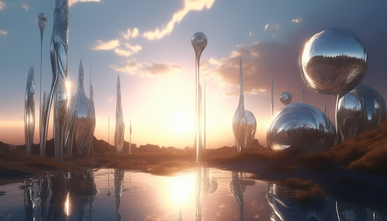 futuristic world's landscape stretching into the distance with giant living breathing silver chrome pods on stalks, sunbeams hitting reflective liquid streams, highest detail, 4k quality, sci-fi fantasy style