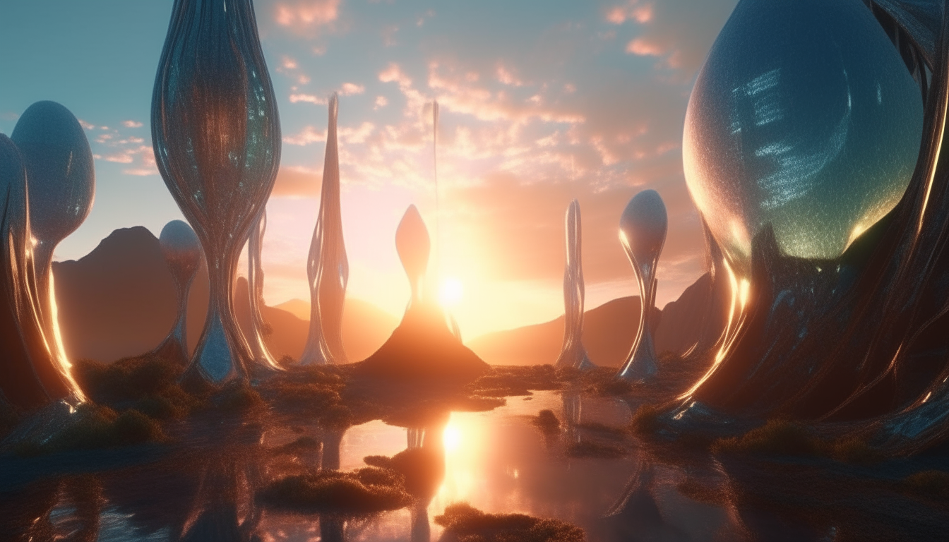 futuristic world's landscape flowing with reflective liquid streams into the distance, living biomechanical alien pods emerging, sunbeams shining through sunsetting sky, extremely high level of details, 4K quality, sci-fi fantasy style