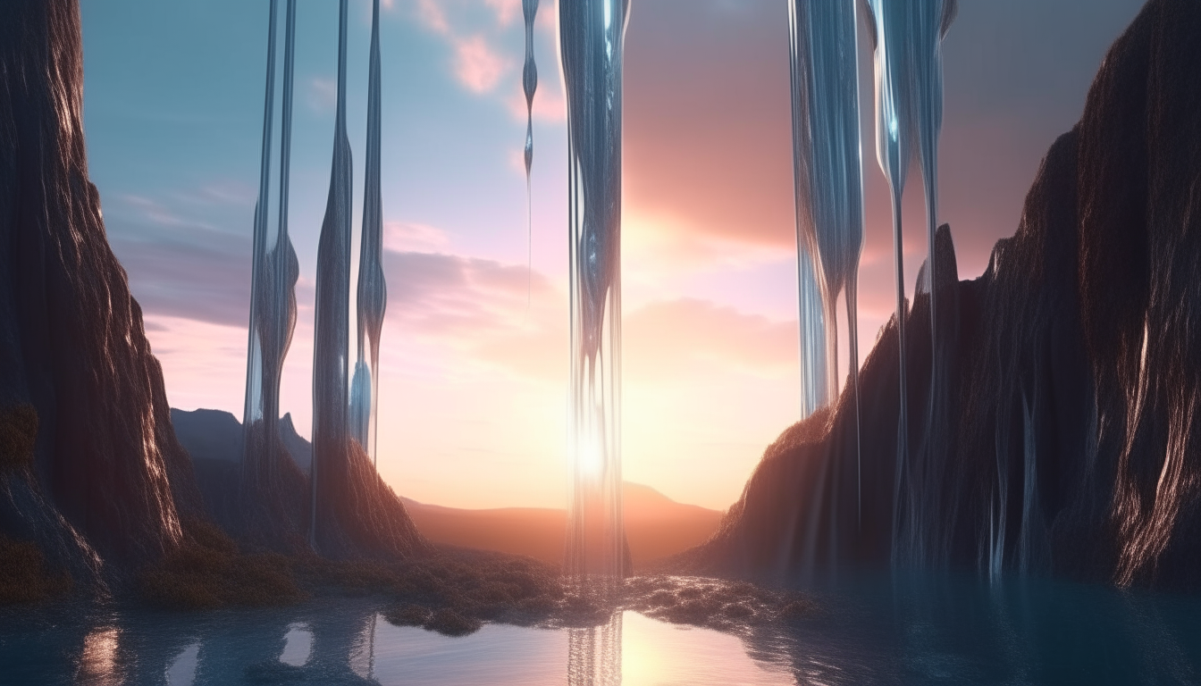 futuristic landscape with waterfalls of reflective liquids falling from the sunsetting cloudy sky above the vast stretching futuristic land below with living biomechanical pulsating pods with tendrils, extremely high level of details, 4K quality, sci-fi fantasy style