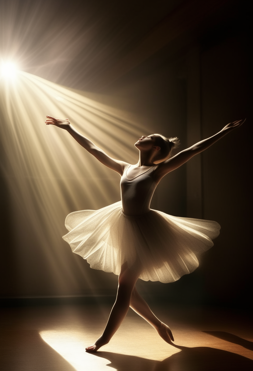 a ballerina dancing with glee, sun rays, joyous