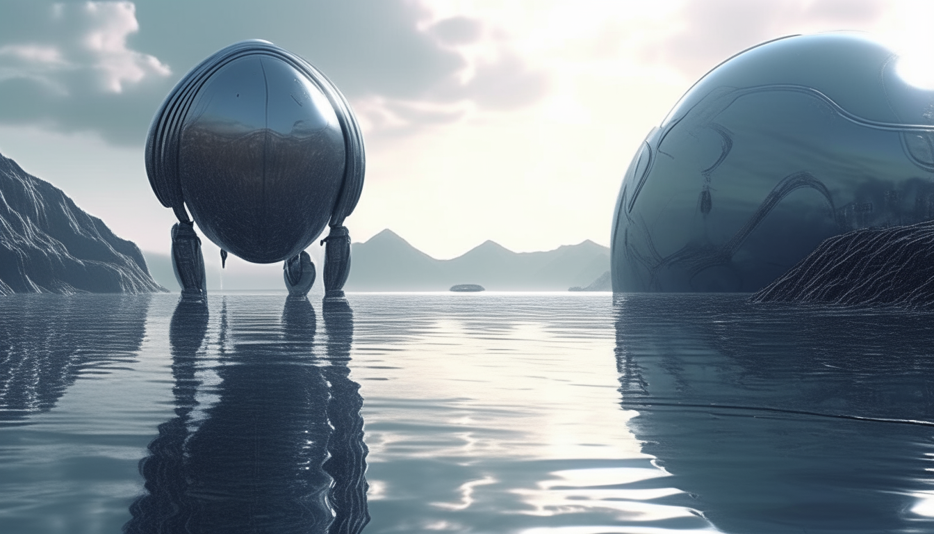 futuristic landscape with silver chrome robot cyborg looking towards giant living alien pods emerging from reflective waters, extremely high level of details, 4K quality, sci-fi fantasy style