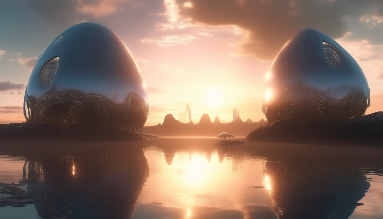 futuristic landscape, giant living alien pods emerging from reflective waters, sunsetting sky with sunbeams, extremely high level of details, 4K quality, sci-fi fantasy style