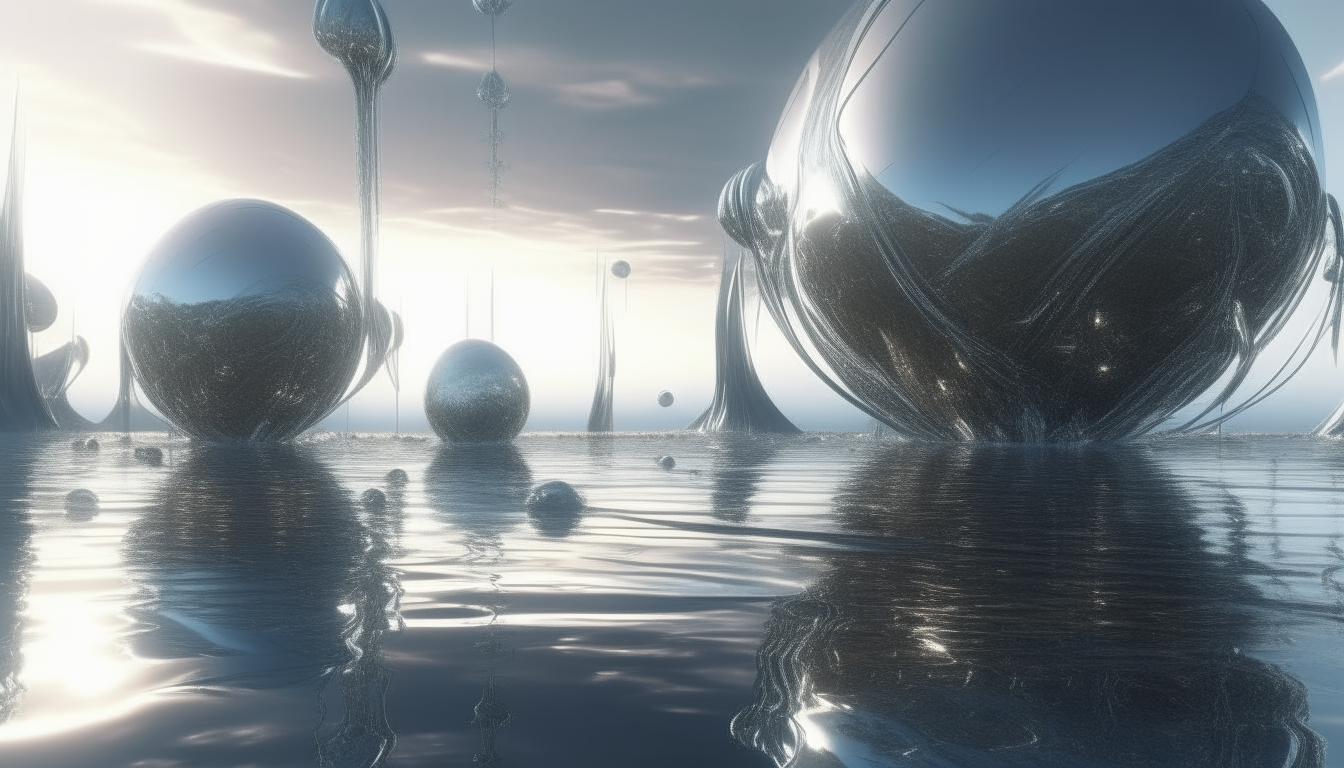 futuristic world with alien lifeforms emerging from reflective water drifting off into distance, silver chrome metallic pods with waving tendrils lining the lands, extremely high level of details, 4K quality, sci-fi fantasy style