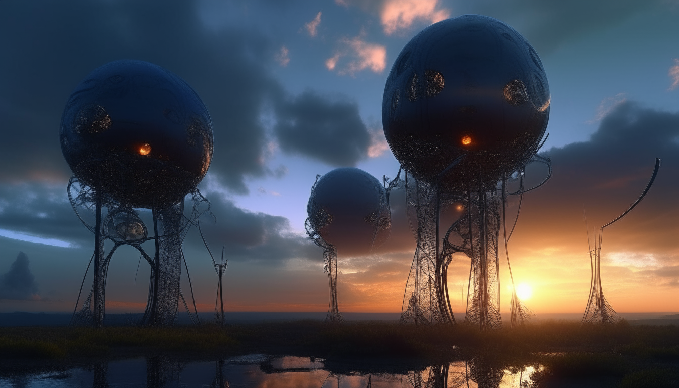 a futuristic world with giant living biomechanical alien pods walking on tripod legs, with tendrils emerging from the pods' reflective liquid streams stretching into the distance, with a cloudy sunset sky in the background reaching up into the cosmos, very intricate details, sci-fi fantasy style, 4k quality, widescreen 16:9 aspect ratio