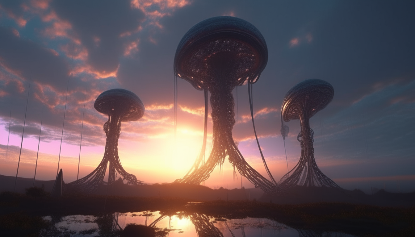 a futuristic biomechanical alien world with giant pods walking on tripod legs, tendrils emerging from reflective liquid streams into the distance, a sunset sky with light beams reaching up into space, very intricate details, sci-fi fantasy style, 4k widescreen 16:9