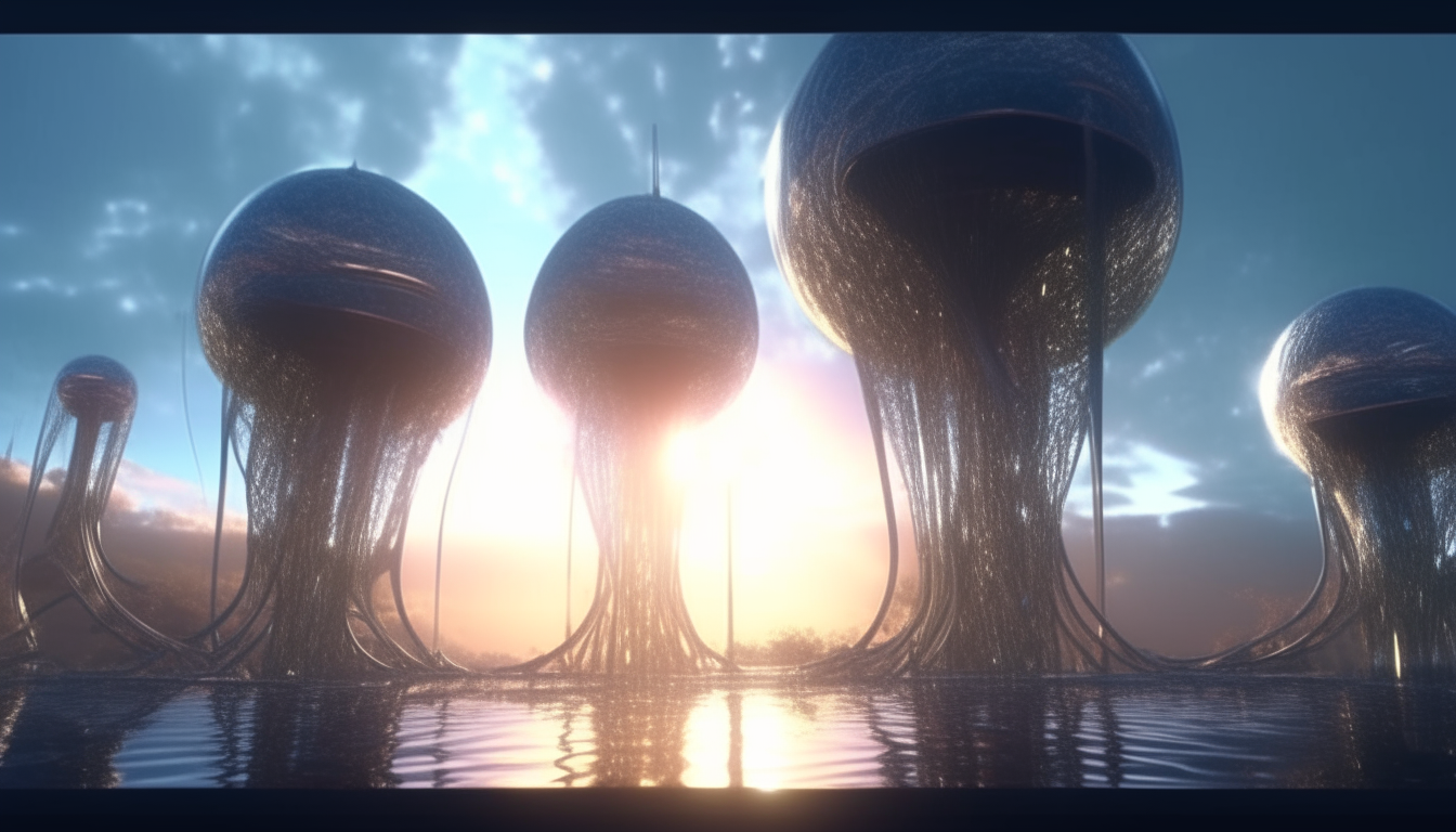 a futuristic alien world, giant biomechanical pods walking on tripod legs, tendrils emerging from reflective liquid streams into distance, cosmic sky with sunbeams, intricate details, sci-fi fantasy style, 4k widescreen