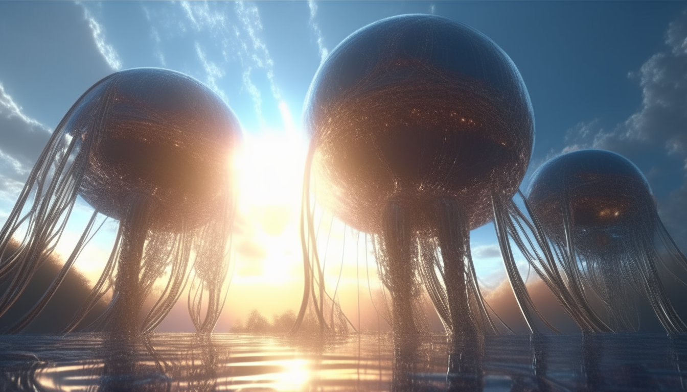 a futuristic alien world, giant biomechanical pods walking on tripod legs, tendrils emerging from reflective liquid streams into distance, cosmic sky with sunbeams, intricate details, sci-fi fantasy style, 4k widescreen