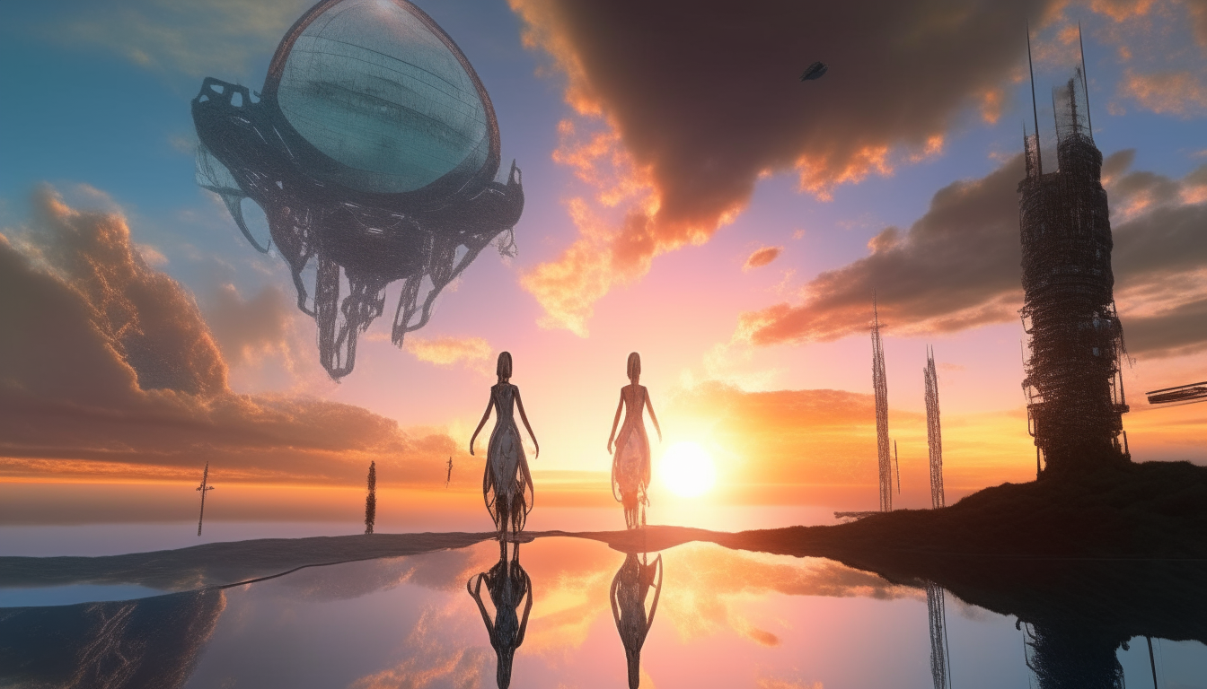 beautiful cyborg goddesses flying over a futuristic world landscape stretching into the distance, with bright sunset clouds and reflective liquid pools below, very detailed, sci-fi fantasy style, 4k quality, widescreen 16:9 aspect ratio