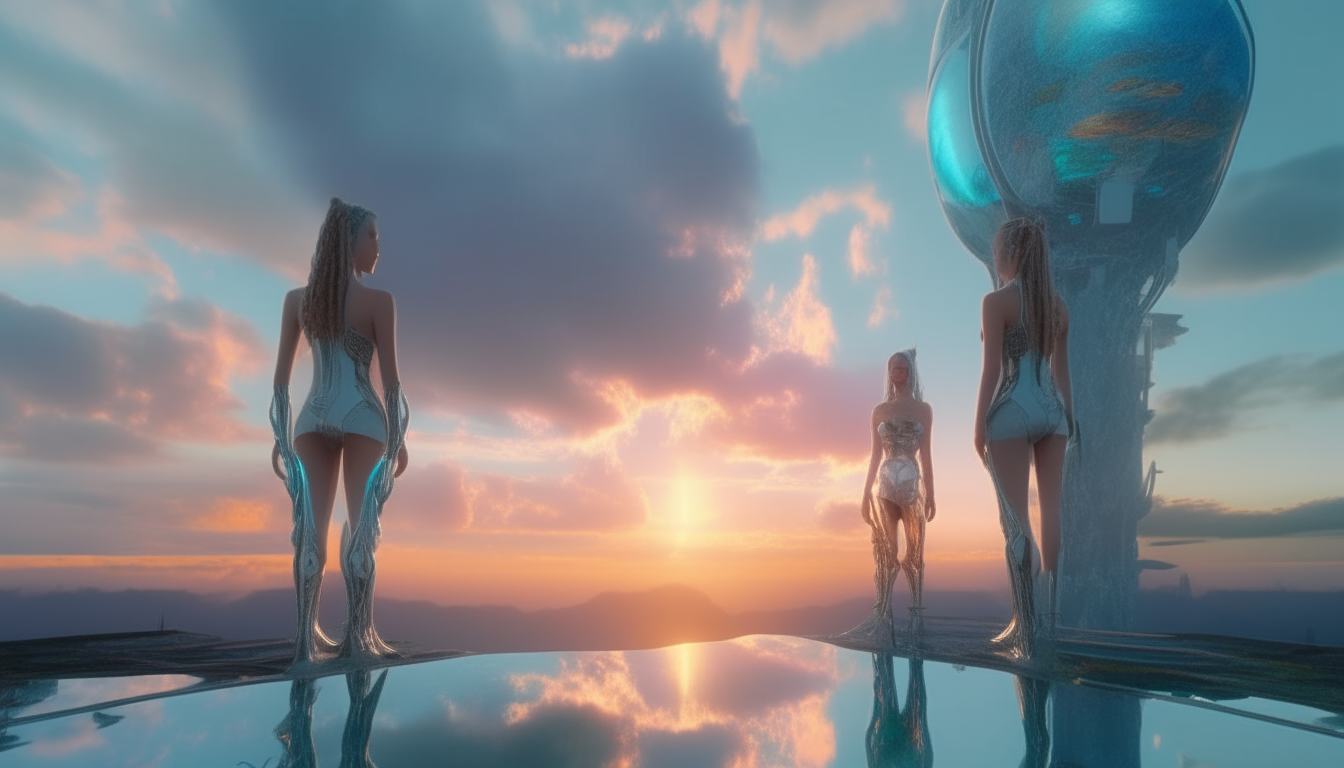 beautiful cyborg goddesses looking over a futuristic world landscape stretching into the distance, bright sunsetting clouds and reflective liquid pools below, very intricate, sci-fi fantasy style, 4k quality, 16:9 aspect ratio