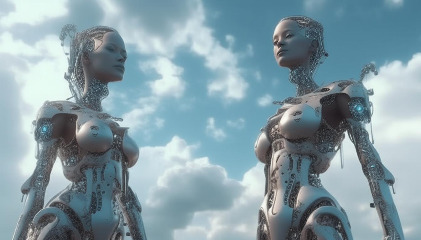 beautiful cyborg goddesses with robotic body parts overlooking a futuristic world, bright clouds and pools below, intricate details, 4k widescreen