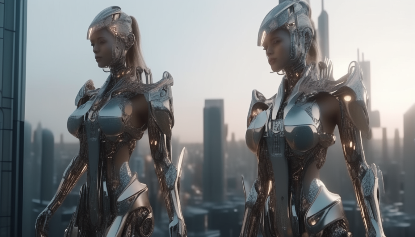 beautiful cyborg goddesses with metallic armor and robotic limbs overlooking a futuristic city, intricate details in 4k