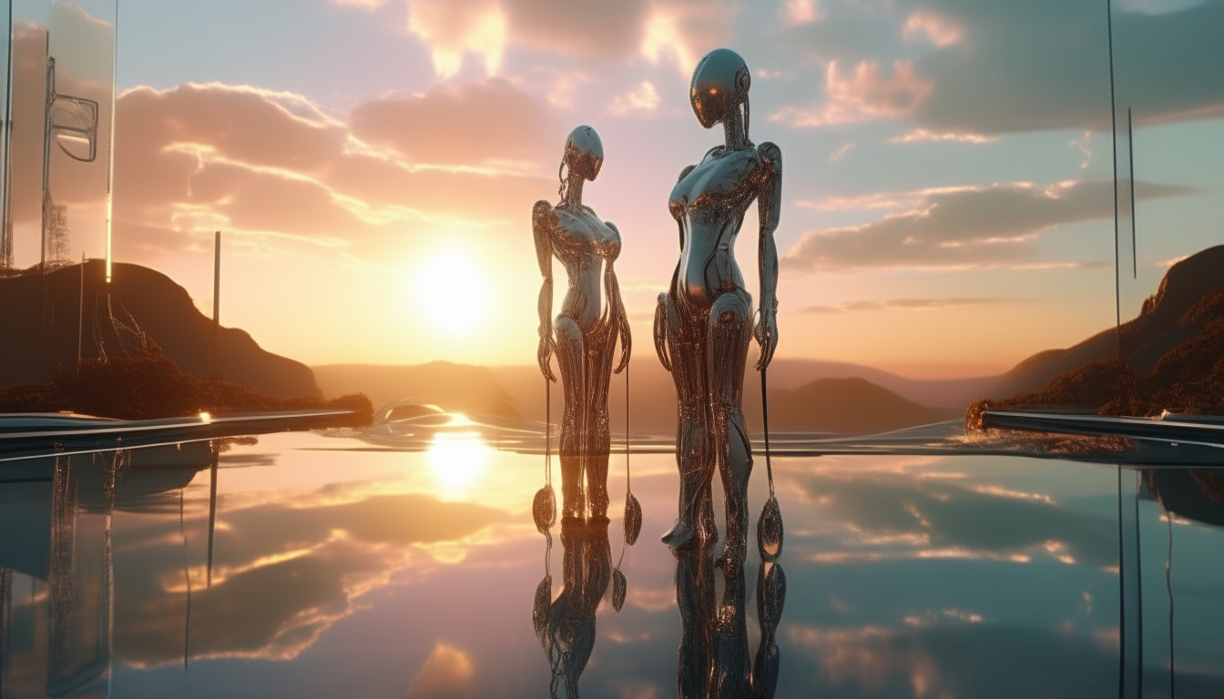 robot cyborg goddesses overlooking reflective liquid pools and a futuristic landscape stretching into the distance, sunbeams shining through gaps in the sunrise sky, very intricate 4k details, sci-fi fantasy style, widescreen aspect ratio