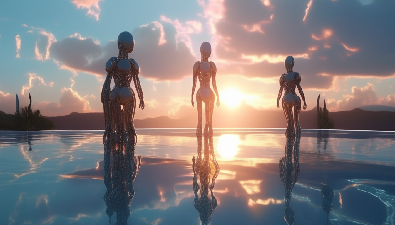 a group of robot cyborg goddesses looking across reflective liquid pools in a futuristic world landscape stretching into the distance, with sunbeams glistening through gaps in the sunrise sky above, 16:9 aspect ratio, highest level of intricate details, 4k quality, sci-fi fantasy style