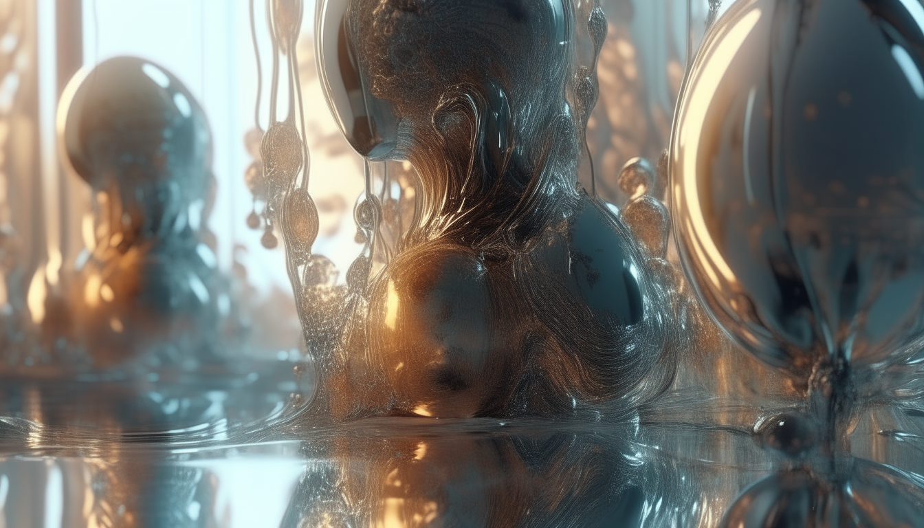 futuristic new world with liquid filled clear pods with tendrils emerging, reflective liquid pools, sunbeams glistening upon elegant robotic cyborg goddesses wearing intricate armor, extremely detailed 4k rendering