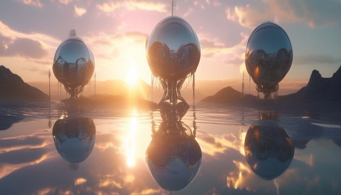 robot cyborg Goddesses inside clear liquid filled alien pods emerging from reflective pools across a futuristic world landscape with sunbeams shining through clouds at sunrise, extremely detailed 4k rendering