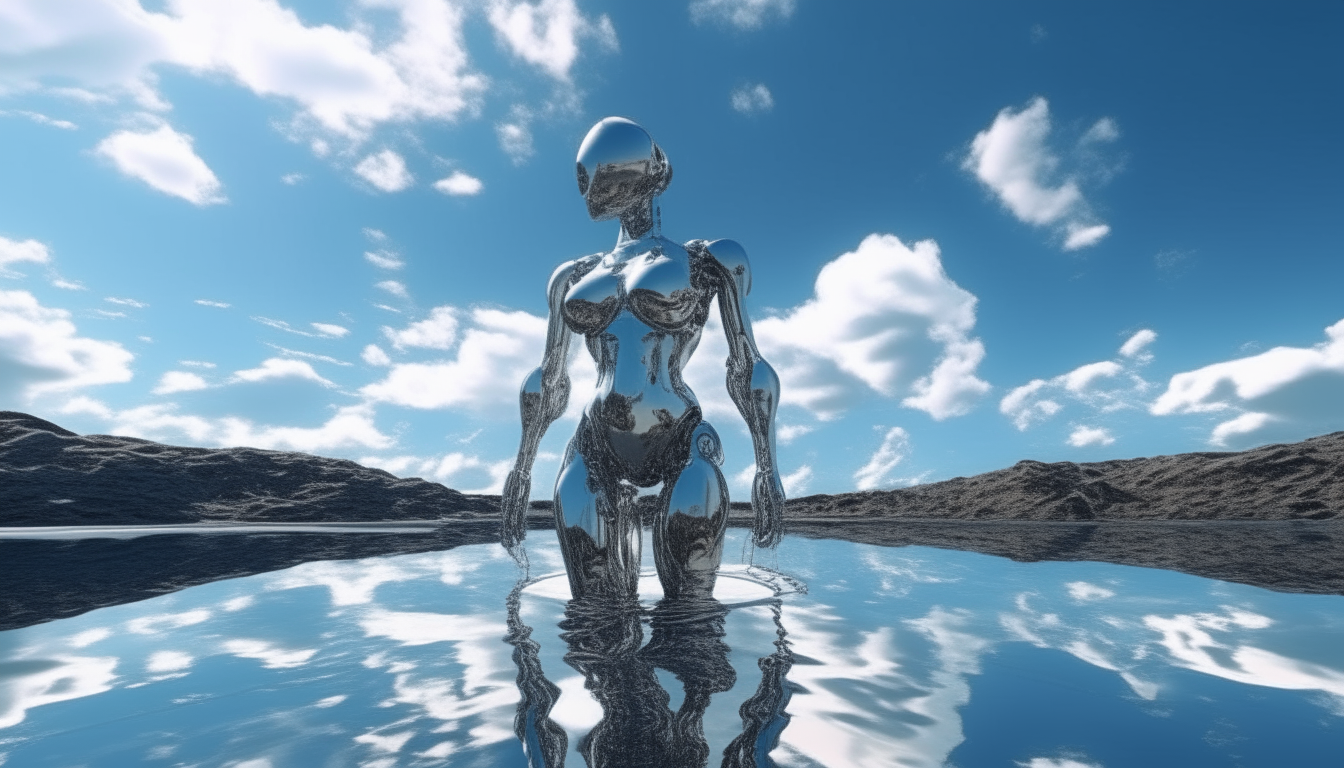 silver chrome robot cyborg Goddess hovering above reflective liquid pool in futuristic world landscape, blue sky with little fluffy clouds, extremely detailed