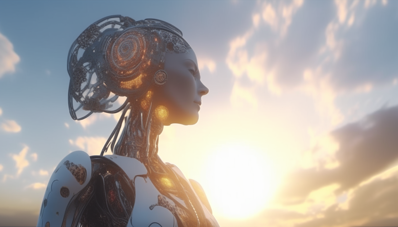 beautiful sun filled sky above futuristic world with creation machine projecting life matter onto elegant robot cyborg goddess, extremely detailed 4k rendering