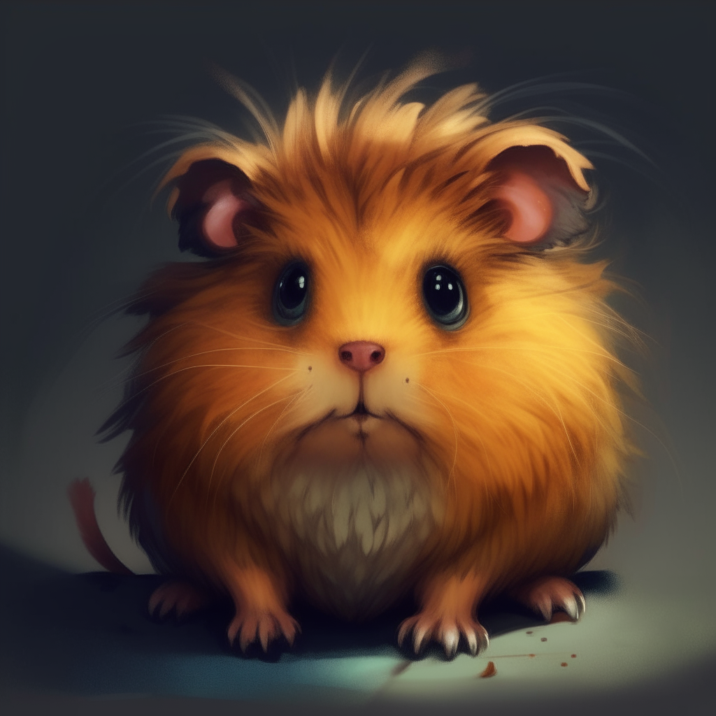 A fluffy hamster-like creature with a mane and tail like a lion's, sitting proudly yet with curious eyes. Stylized digital painting.