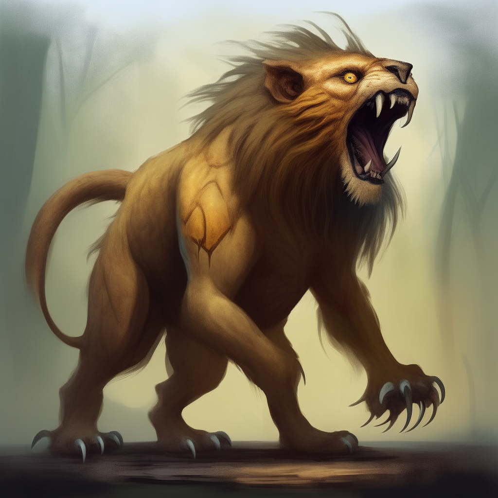 A strange creature stands proudly on its hind legs like a lion. Its small front paws are held in front, and it has the mane and tail of a lion but the body and face of a hamster. Large saber-toothed fangs protrude from its mouth. Digital painting.