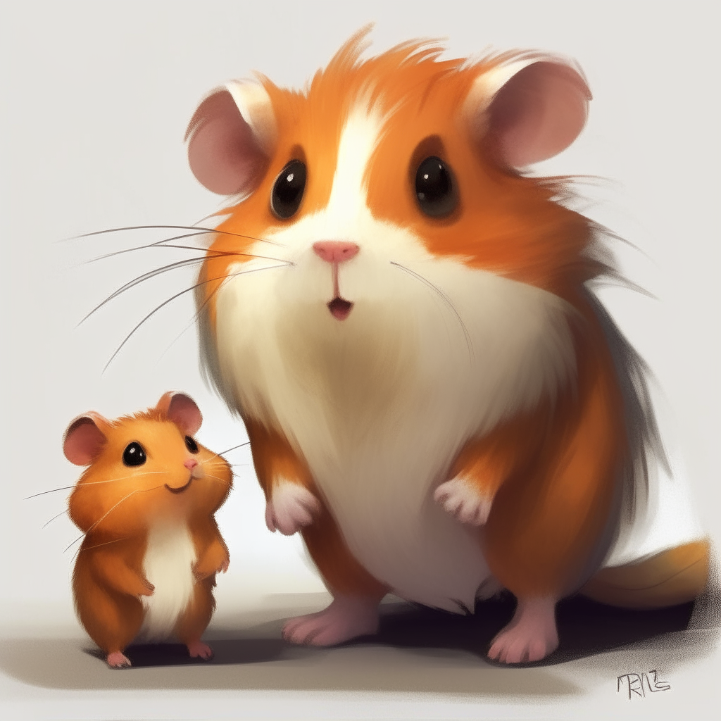 A small hamster-like creature stands proudly on its hind legs. It has fluffy orange and white fur, large round eyes and a pink nose. While it has the mane and tail of a lion cub, its paws are held close in a hamster-like stance. Digital painting.