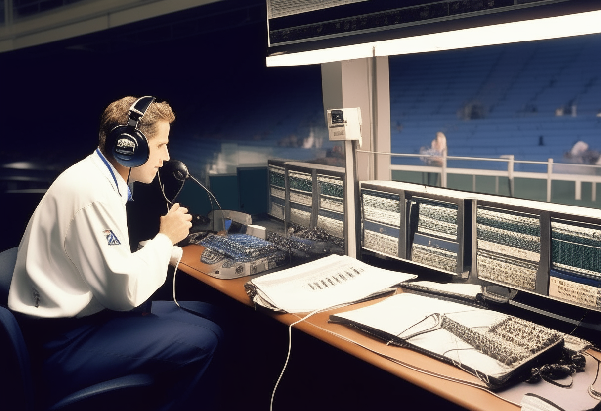 a radio broadcast booth with a play by play announcer enthusiastically calling a professional football game