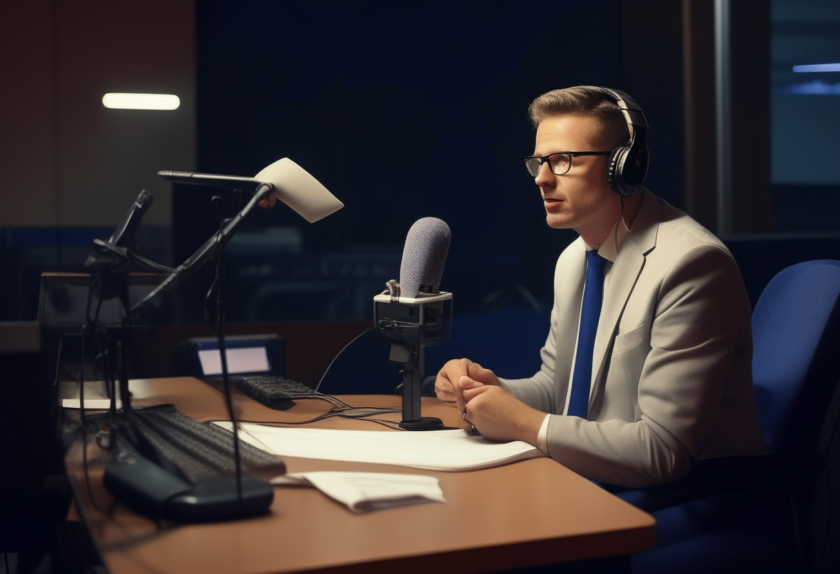 a radio news broadcaster sitting at a desk in front of a microphone, calling the evening news