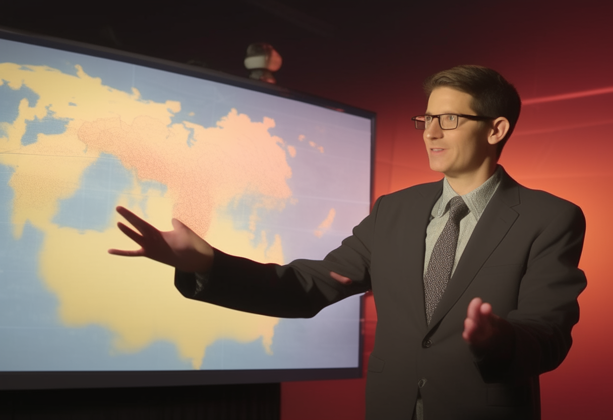 a radio broadcaster pointing at a large weather map, giving an evening weather report