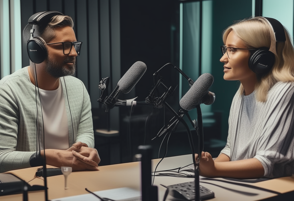 two radio hosts in a studio taking calls from listeners and discussing current events