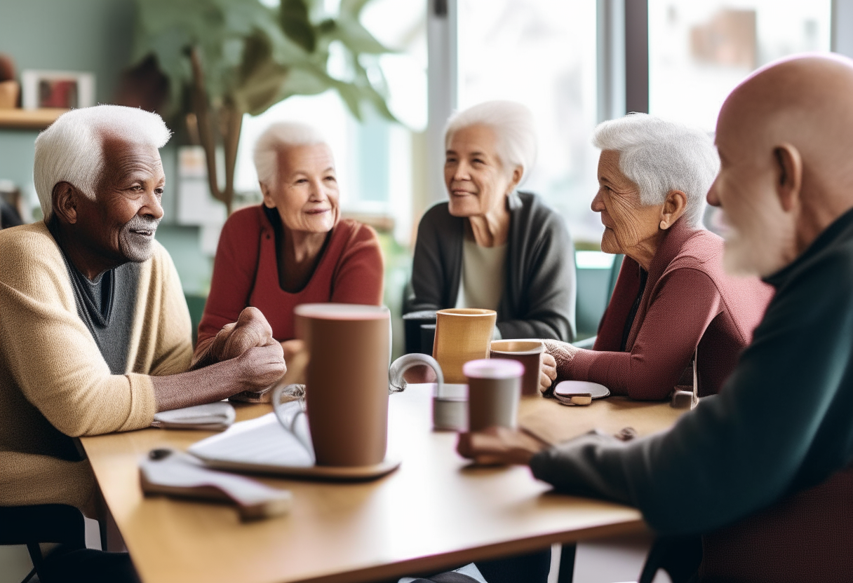 a diverse focus group of older people sitting around a table having a lively discussion