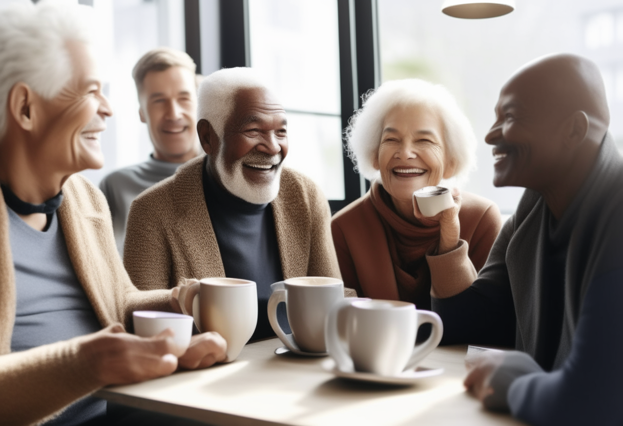 a diverse focus group of smiling older people of different ethnicities sitting around a table drinking coffee from normal sized mugs and having a lively discussion in a room with large windows