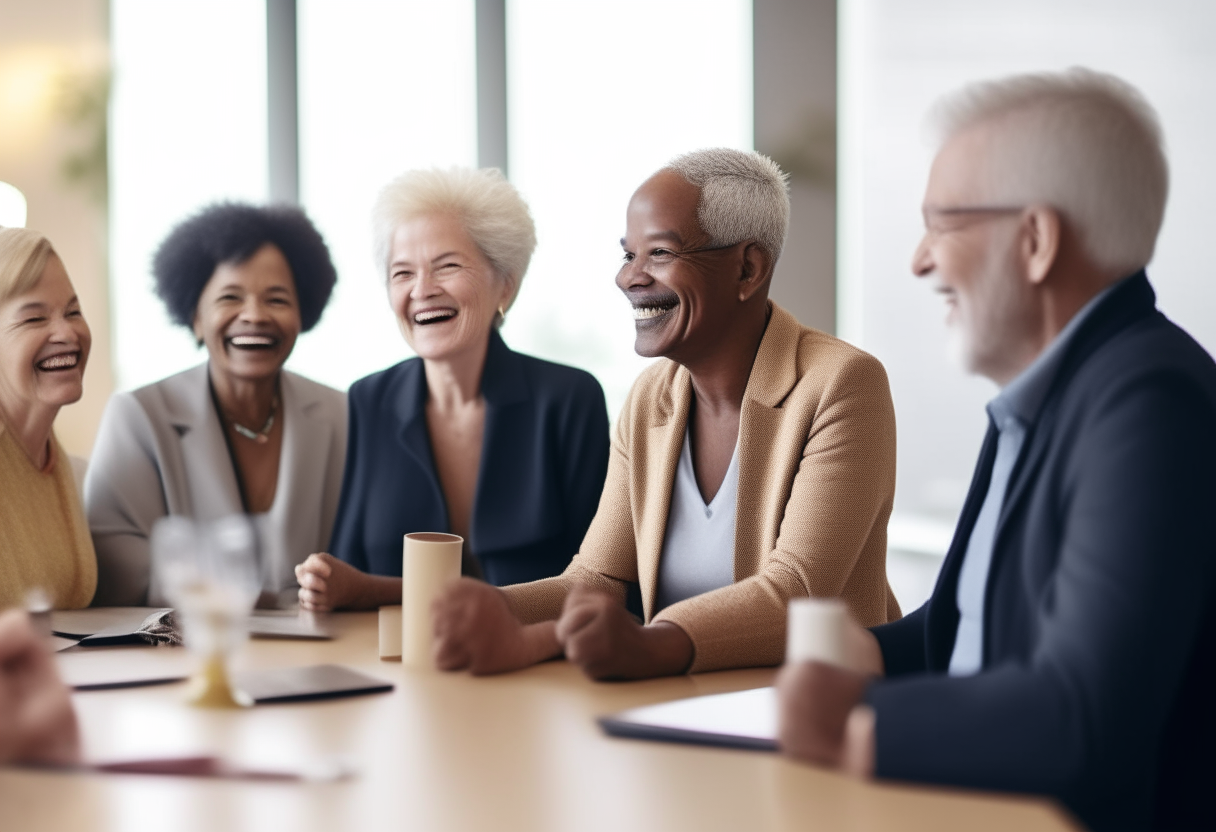 a diverse group of smiling older people of different races and genders sitting around a conference table having an engaging discussion