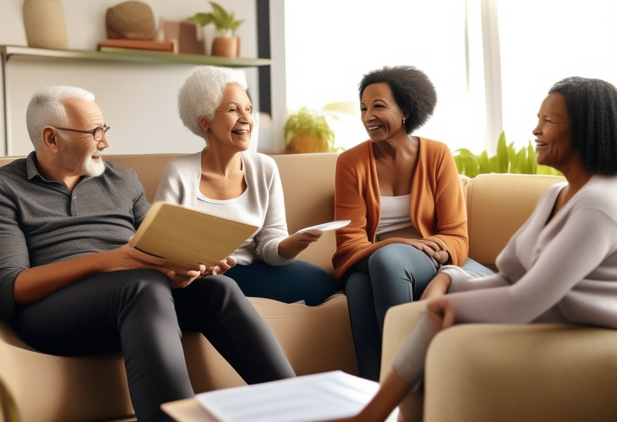 a female researcher with a notebook interviewing a diverse group of smiling older people sitting on a couch in a living room